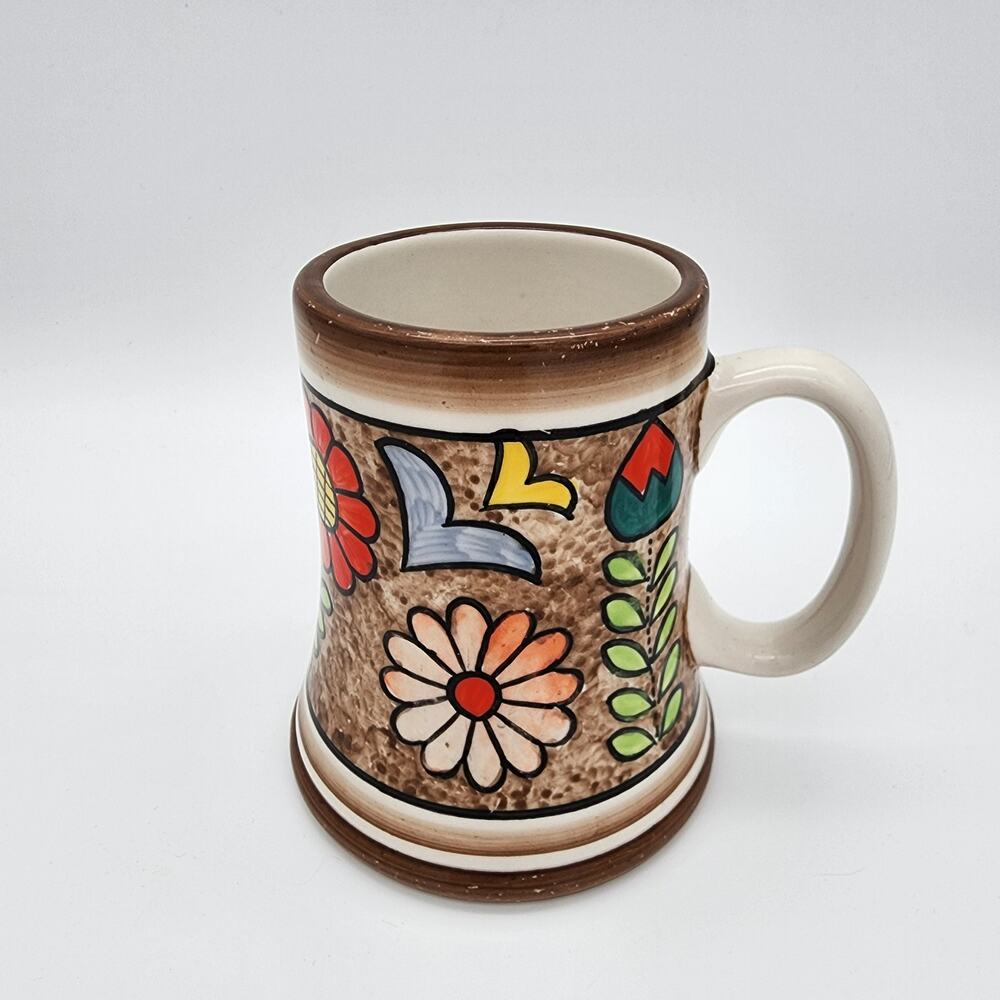 Vintage Bird Motif Coffee Mug Folk Art Hand Painted Colorful Cuernavaca Mexican - Picture 2 of 9